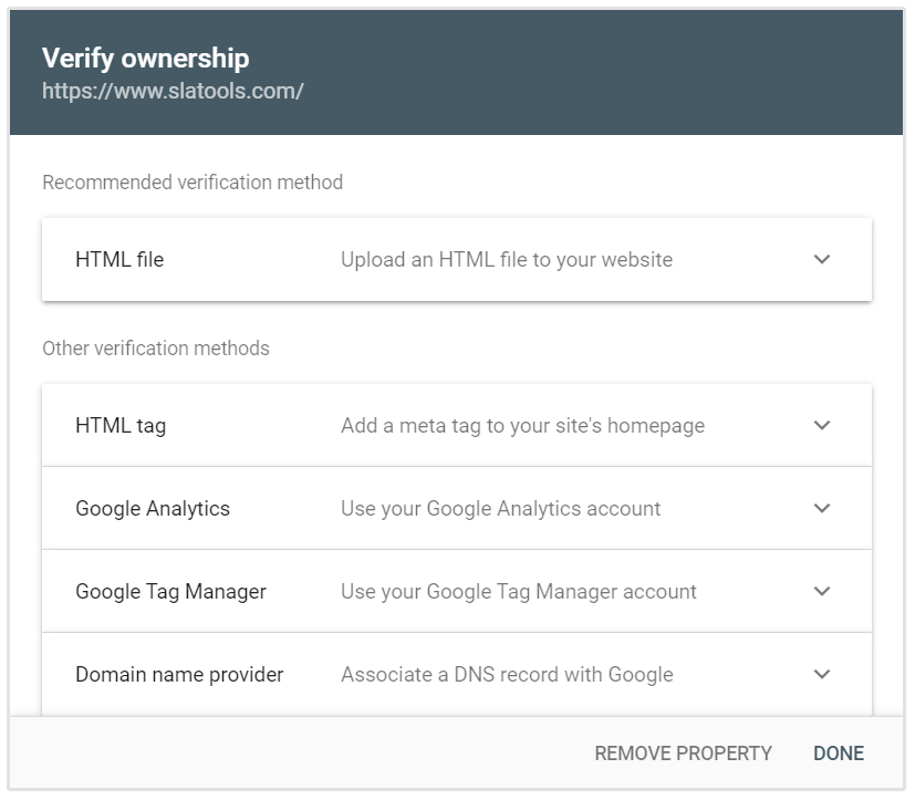 Opciones de verificación de URL Google Search Console